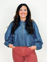 Washed Denim Pleated Front Tie Flare Top