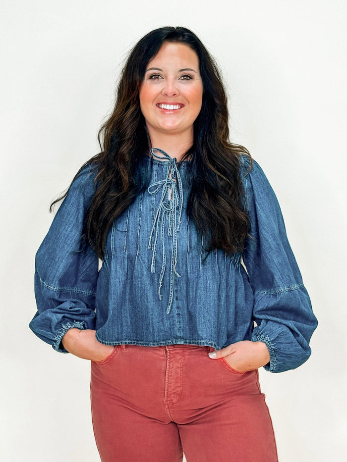 Washed Denim Pleated Front Tie Flare Top
