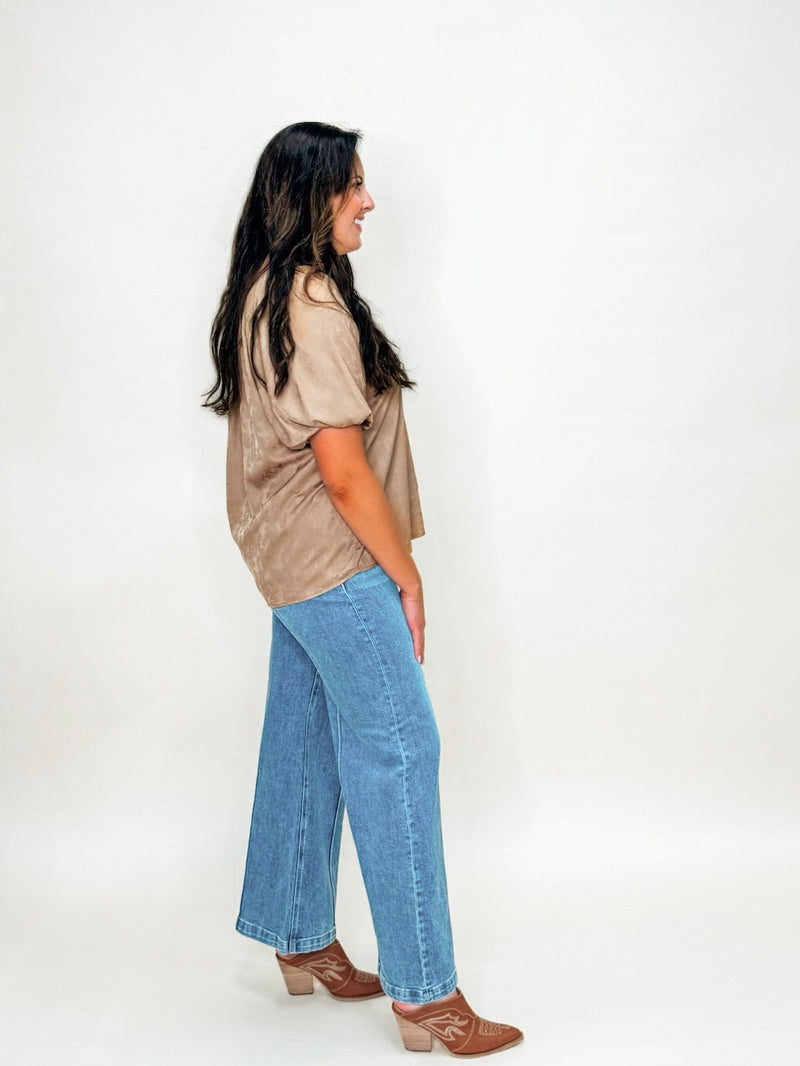 Latte Satin Jacquard Puff Sleeve Top