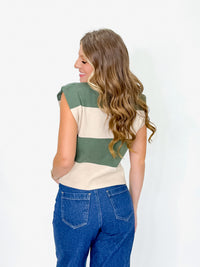 Sage and Oatmeal Striped Knit Shoulder Pad Top