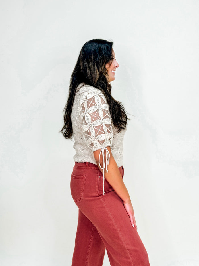 Creamy Latte Eyelet Puff Sleeve Knit Top