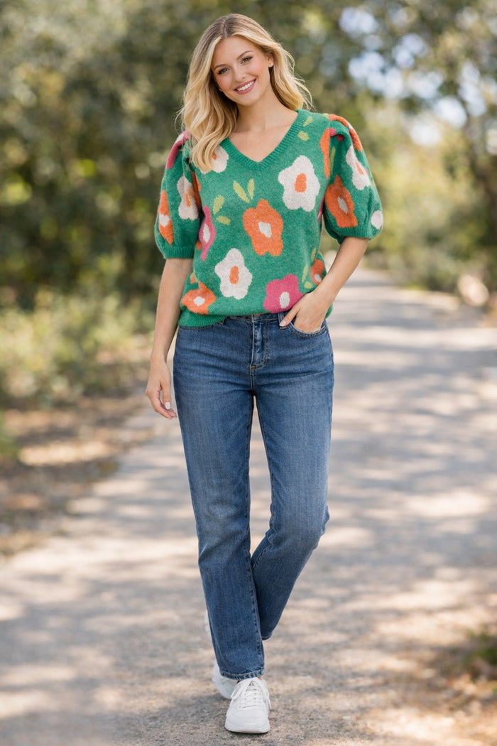 Everyday Bloom Puff Sleeve Sweater- Emerald