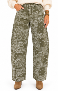 Allison Olive Green Paisley Barrel Jeans