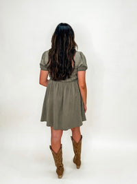 Olive Washed Smocked Puff Sleeve Mini Dress