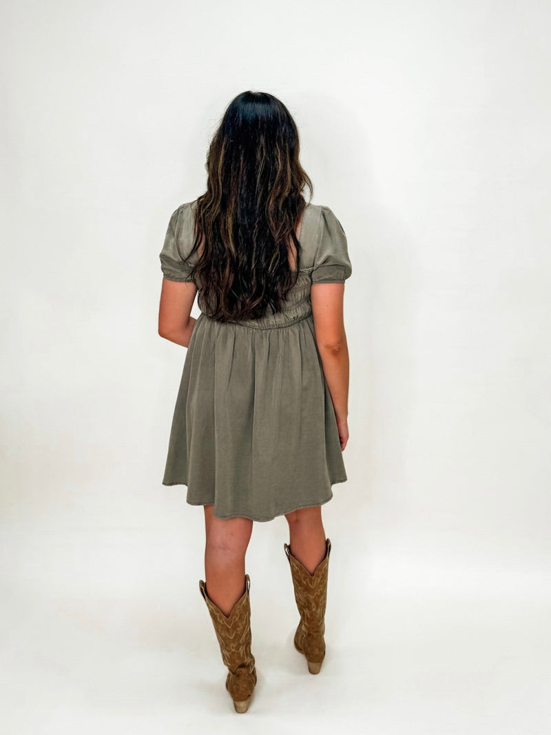 Olive Washed Smocked Puff Sleeve Mini Dress