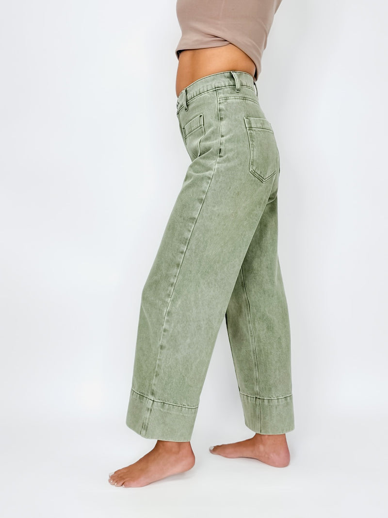 Olive High-Rise Front Seam Wide Leg Jeans