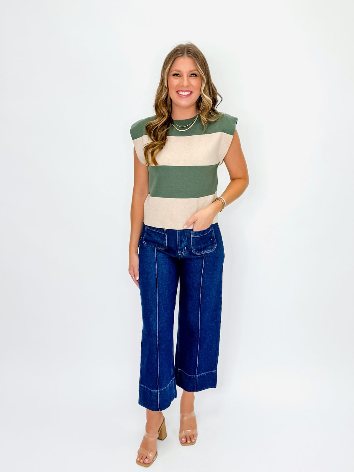 Sage and Oatmeal Striped Knit Shoulder Pad Top