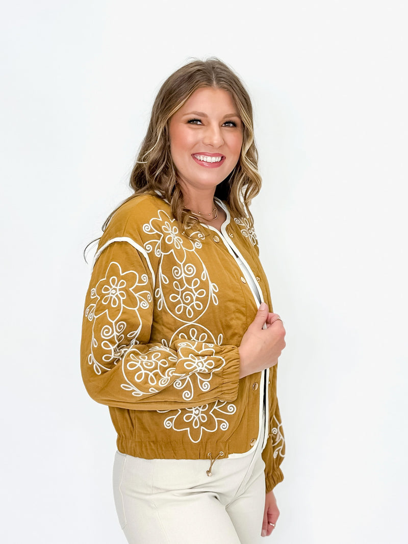 Golden Mustard Embroidered Bomber Jacket