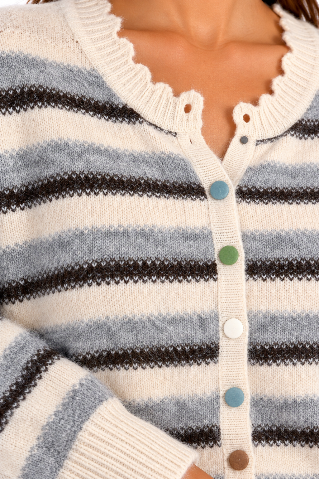 Melissa Scalloped Stripe Cardigan Sweater– Grey & Cream