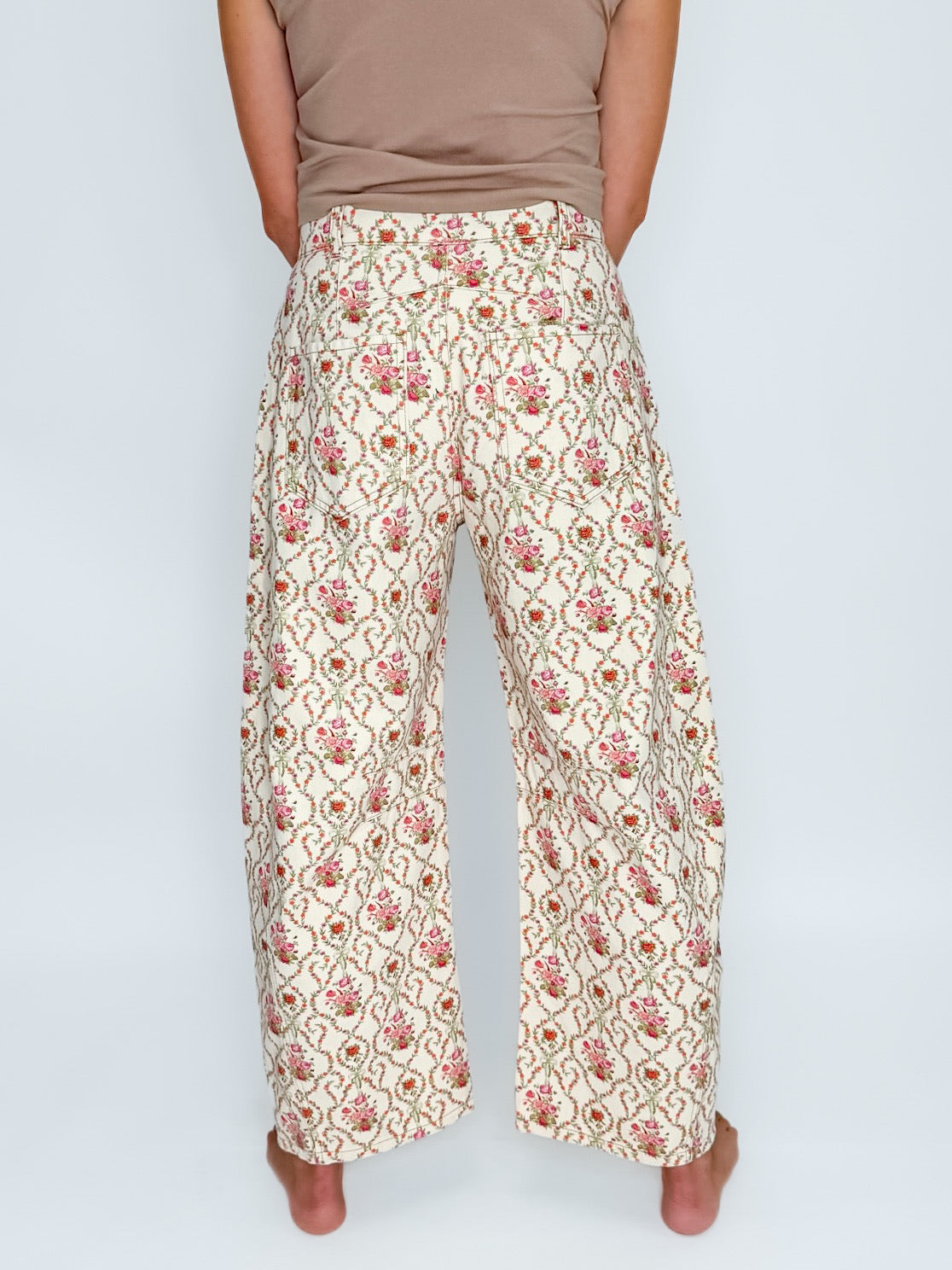Corded Floral Barrel Jeans in Cream