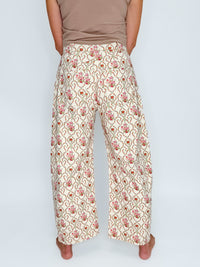 Corded Floral Barrel Jeans in Cream
