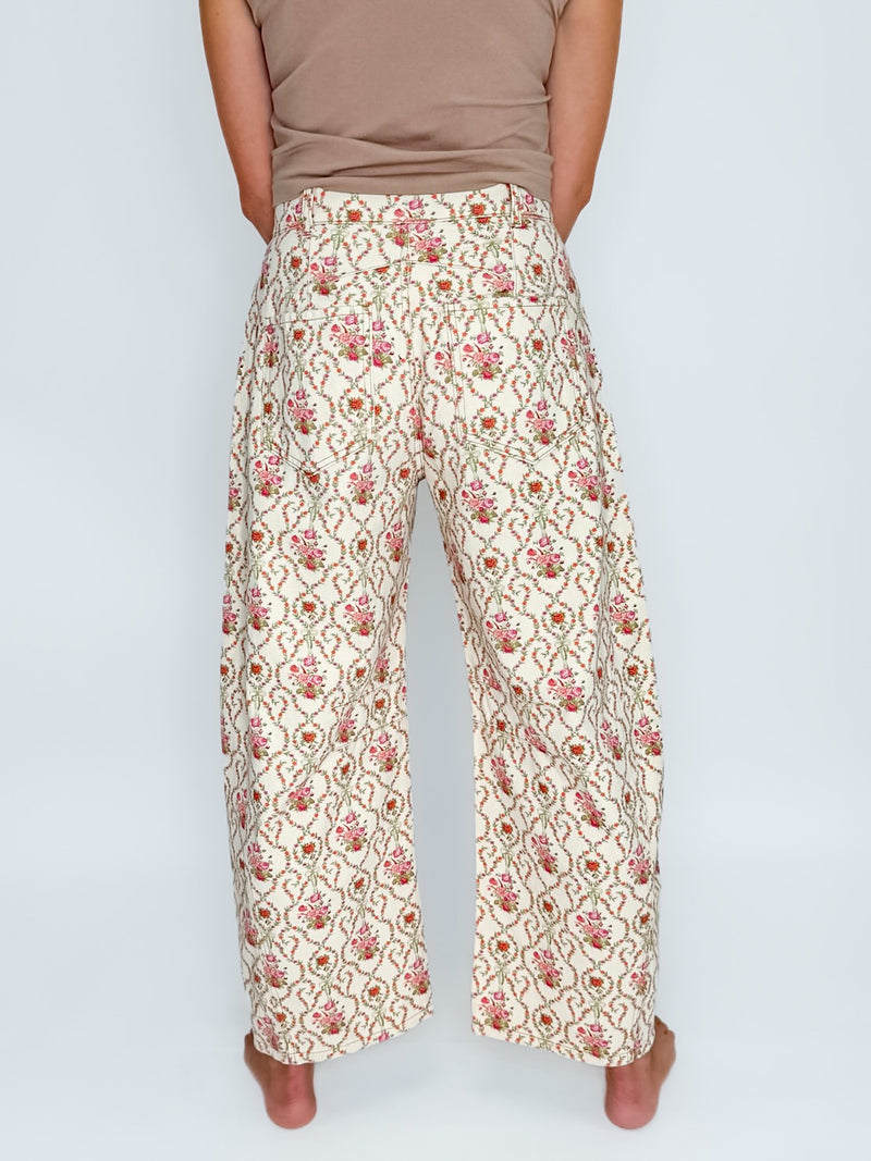 Corded Floral Barrel Jeans in Cream