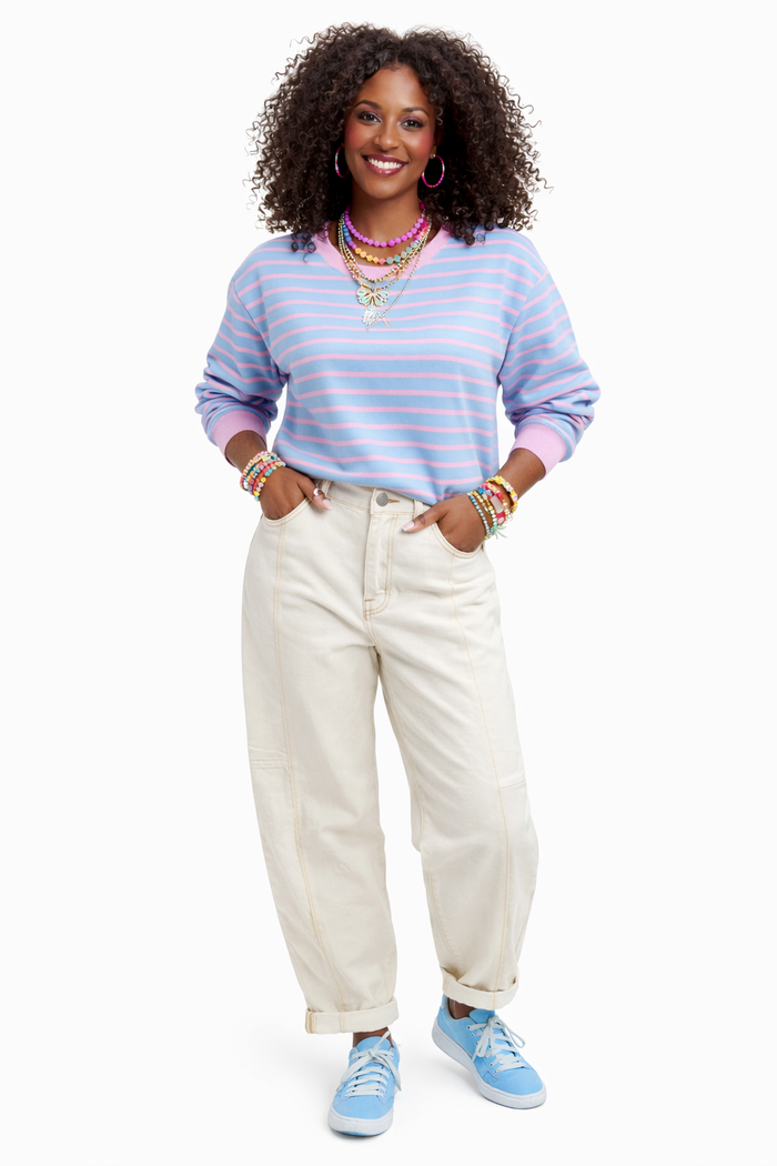 Risen  High Rise Cream Barrel Jeans with Topstitching