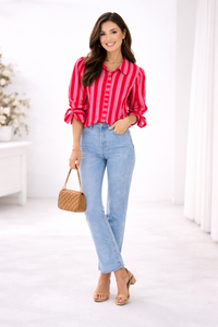 Candy Stripe Bow Sleeve Blouse | Red Pink Statement Top