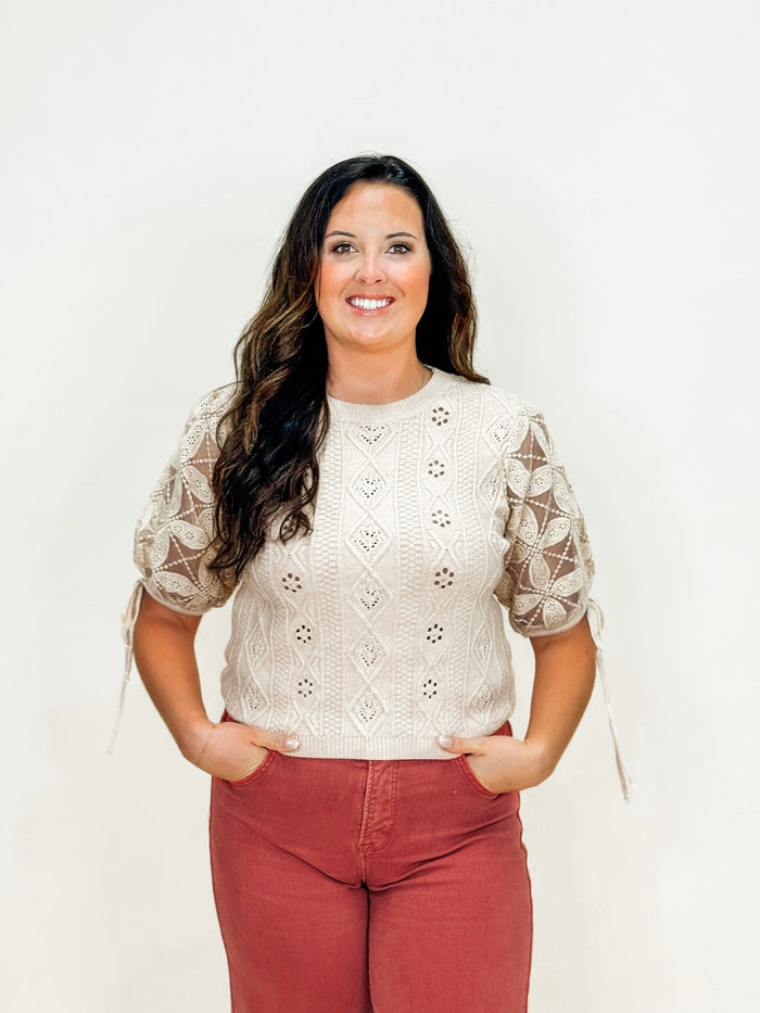 Creamy Latte Eyelet Puff Sleeve Knit Top