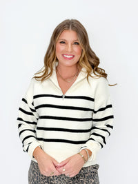 Black and Cream Striped Quarter Zip Sweater