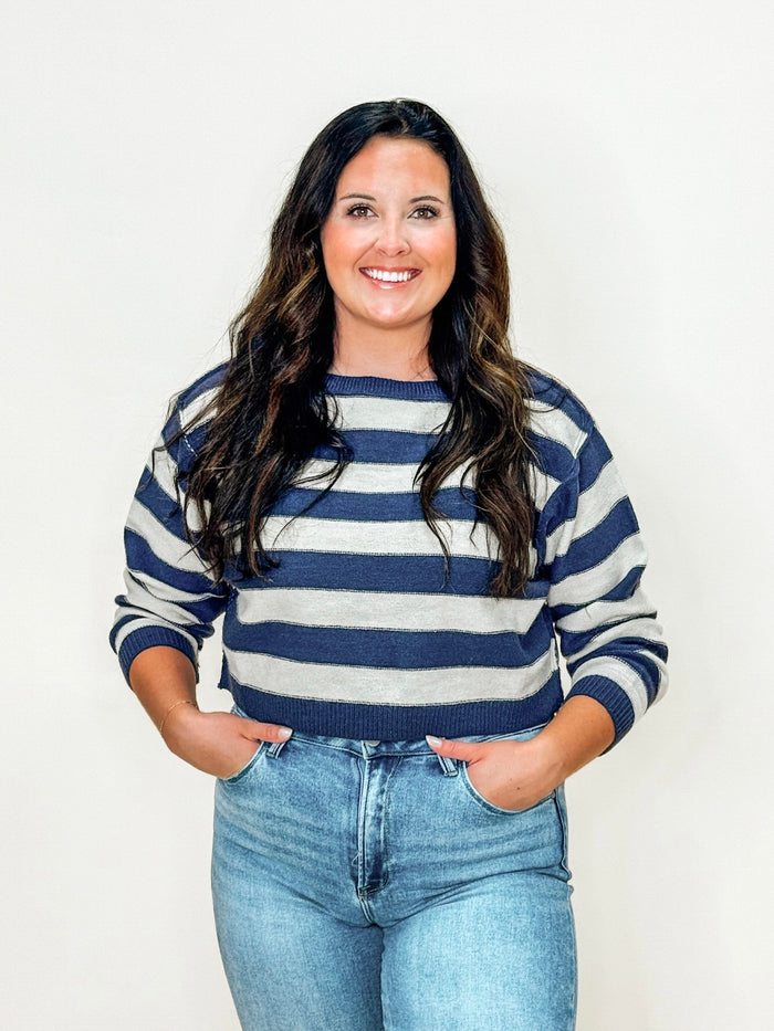 Striped Exposed Seam Cropped Sweater – Denim Blue & Gray