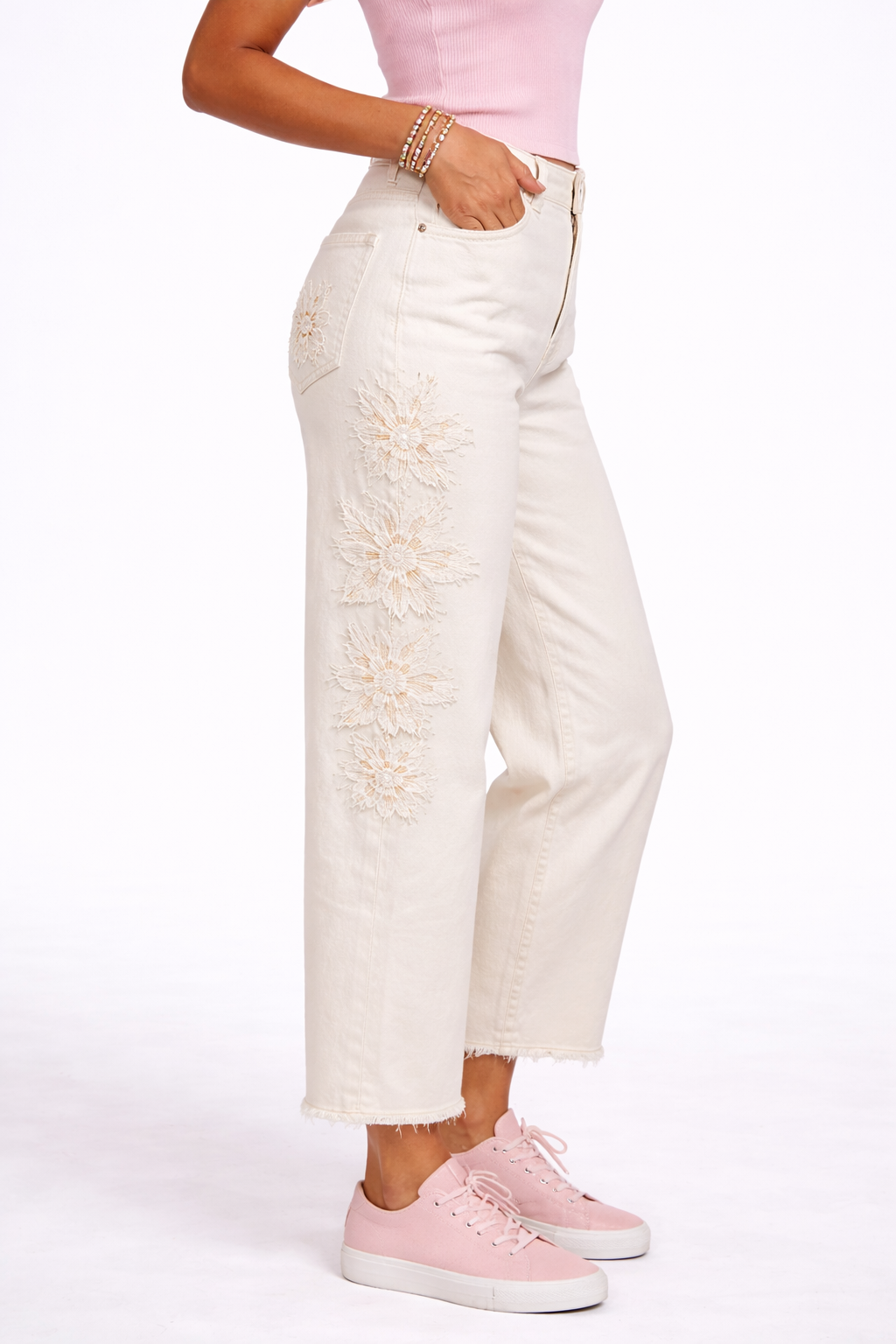 Risen Ivory Embellished Barrel Jeans