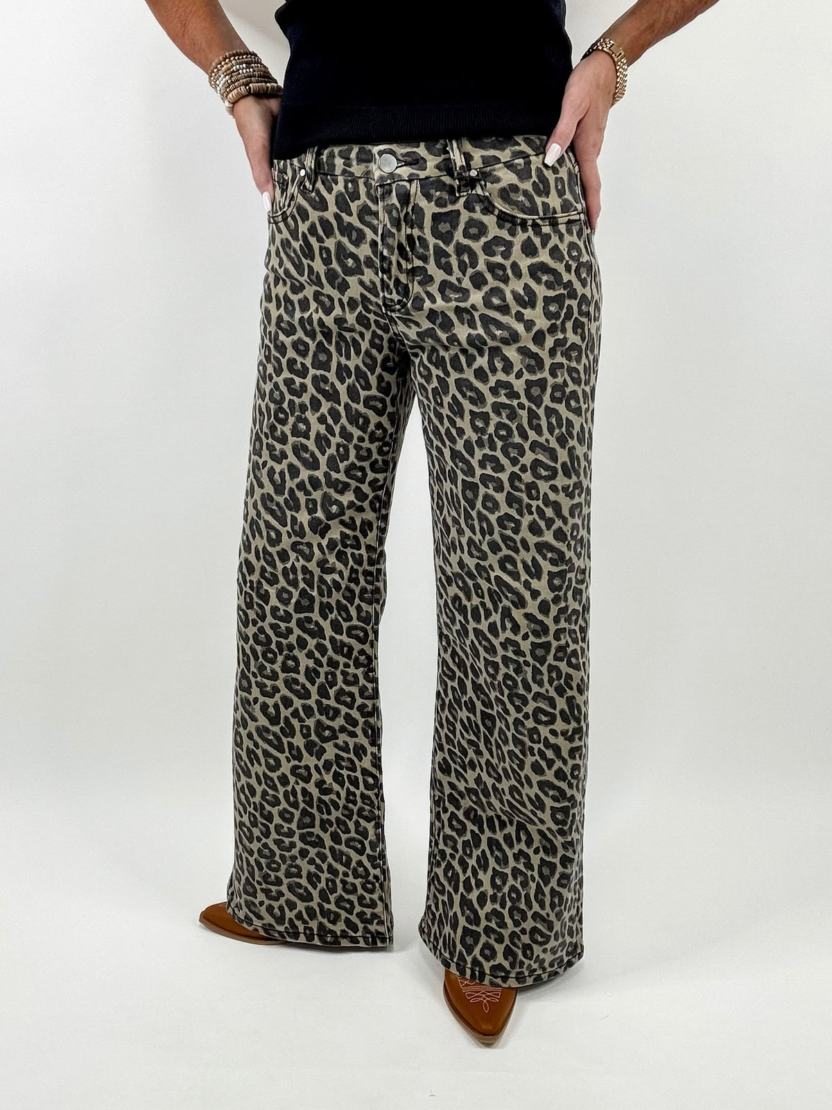 Coffee Leopard Print Wide Leg Jeans