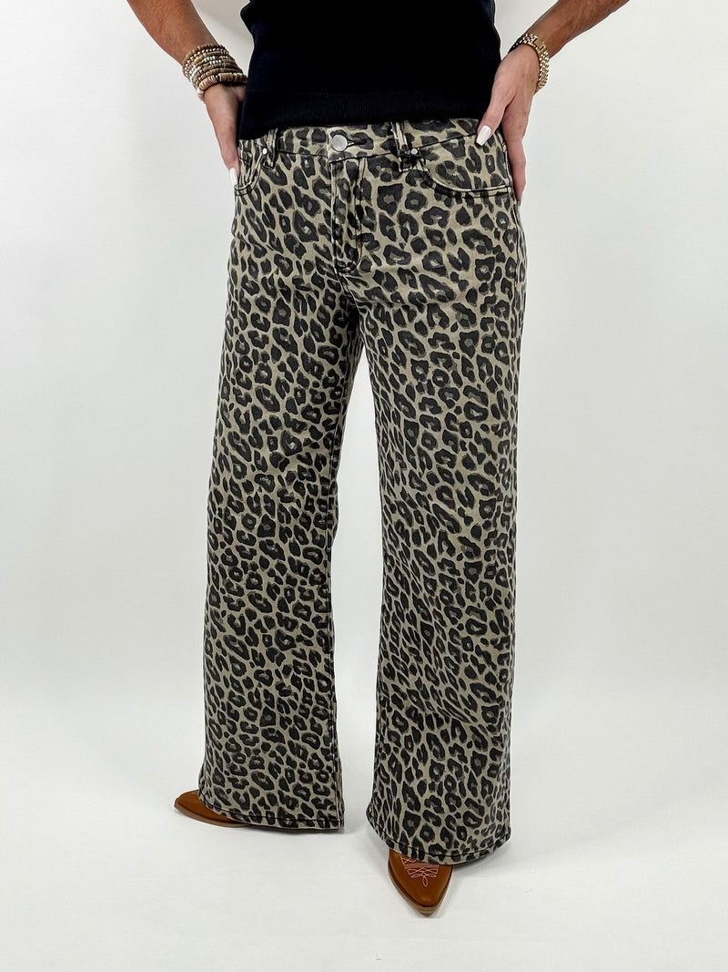 Coffee Leopard Print Wide Leg Jeans