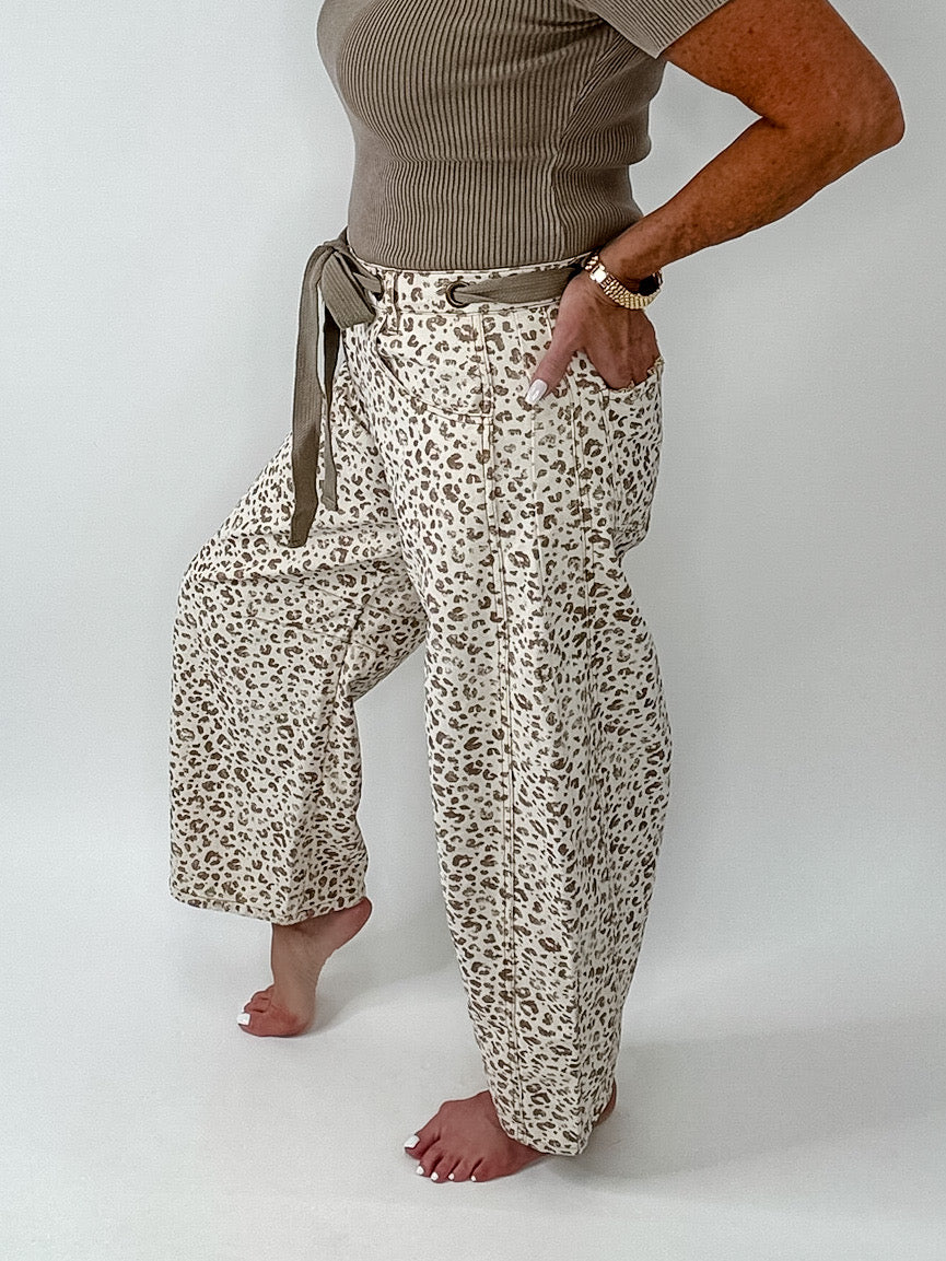 Cream & Taupe Leopard Print Wide Leg Denim Jeans