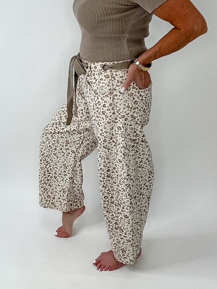 Cream & Taupe Leopard Print Wide Leg Denim Jeans
