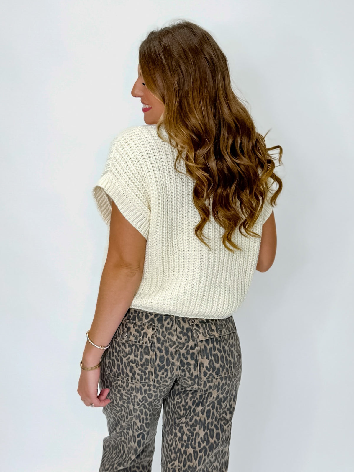 Cream Cropped Cardigan Sweater with Gold Buttons and Front Pockets