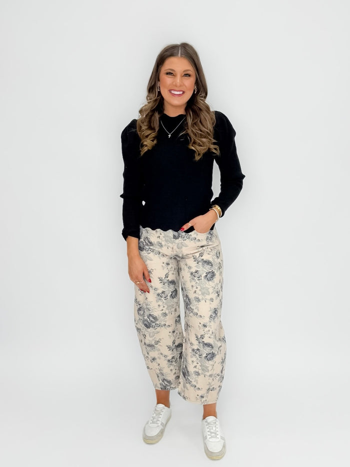 Black Scalloped Ribbed Sweater