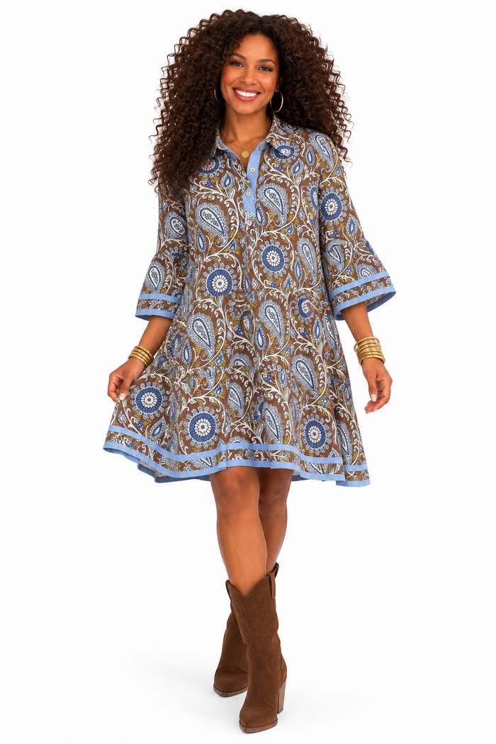 Melissa Paisley Print Dress – Chocolate Brown & Blue