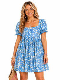 Blue Floral Smocked Mini Dress