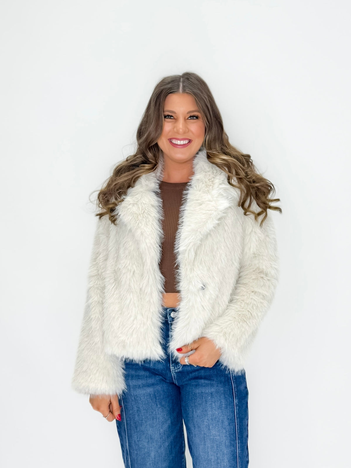 Soft Ivory Faux Fur Snap-Front Jacket