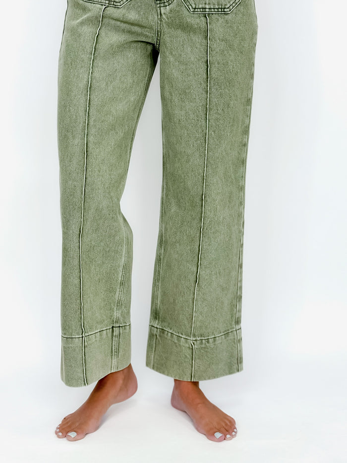Olive High-Rise Front Seam Wide Leg Jeans