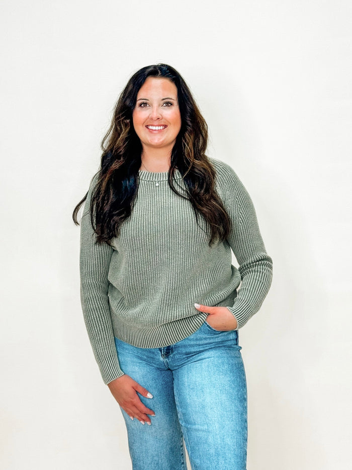 Olive Ribbed Knit Crewneck Sweater