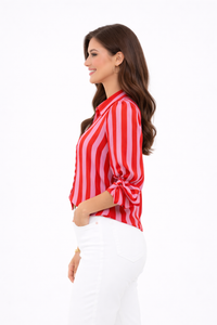 Candy Stripe Bow Sleeve Blouse | Red Pink Statement Top