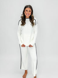 Cream Knit Lounge Set with Contrast Trim