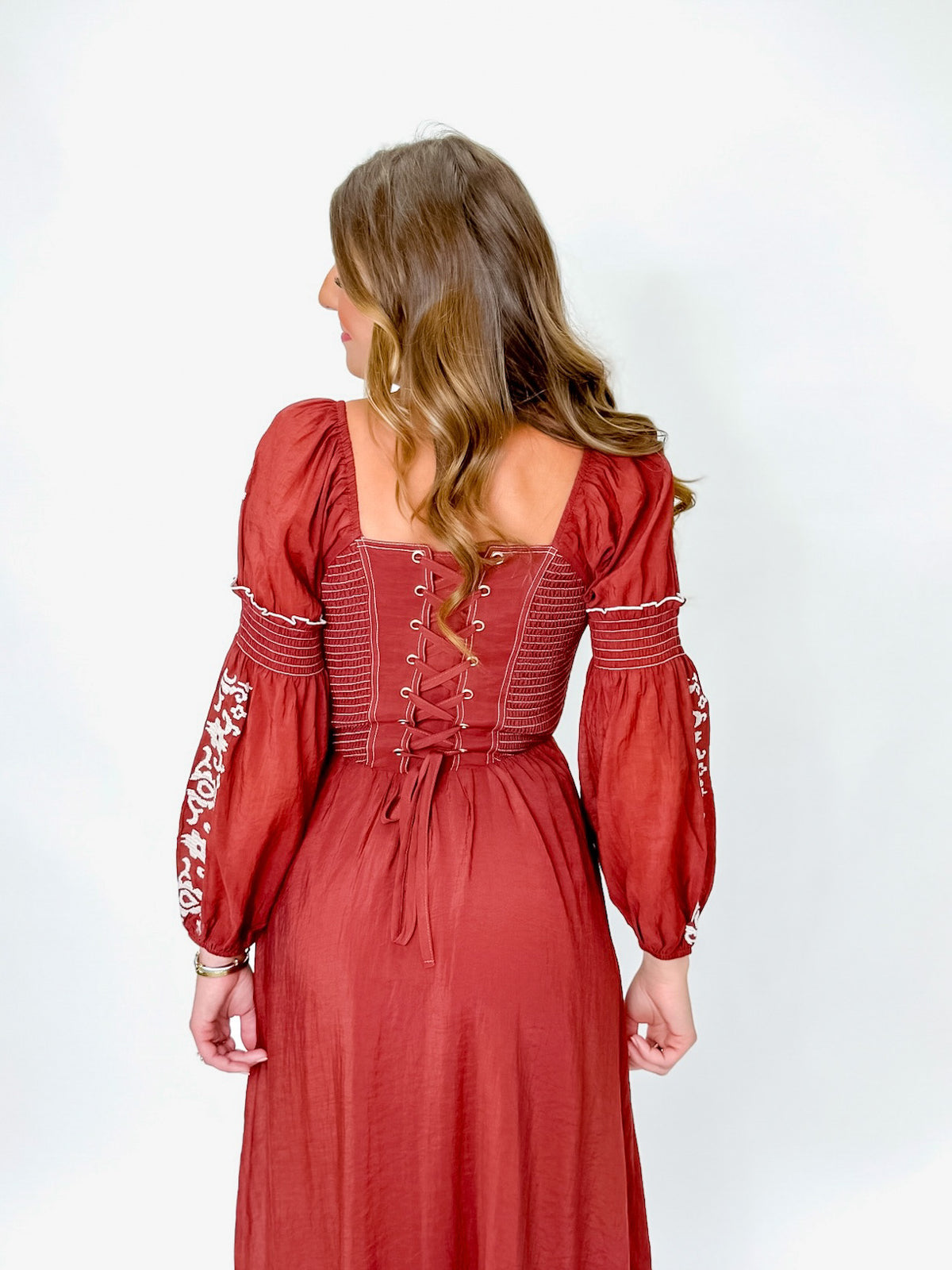 Brick Embroidered Long Sleeve Midi Dress with Corset Back
