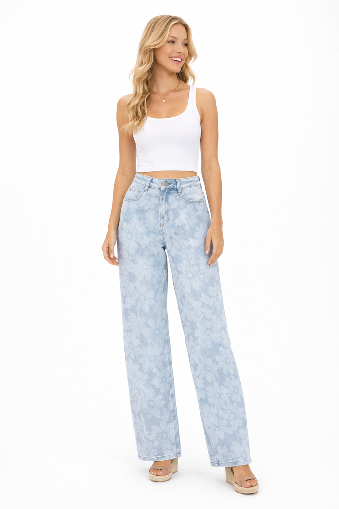 Risen Sunwashed Petal Floral Wide Leg Jeans