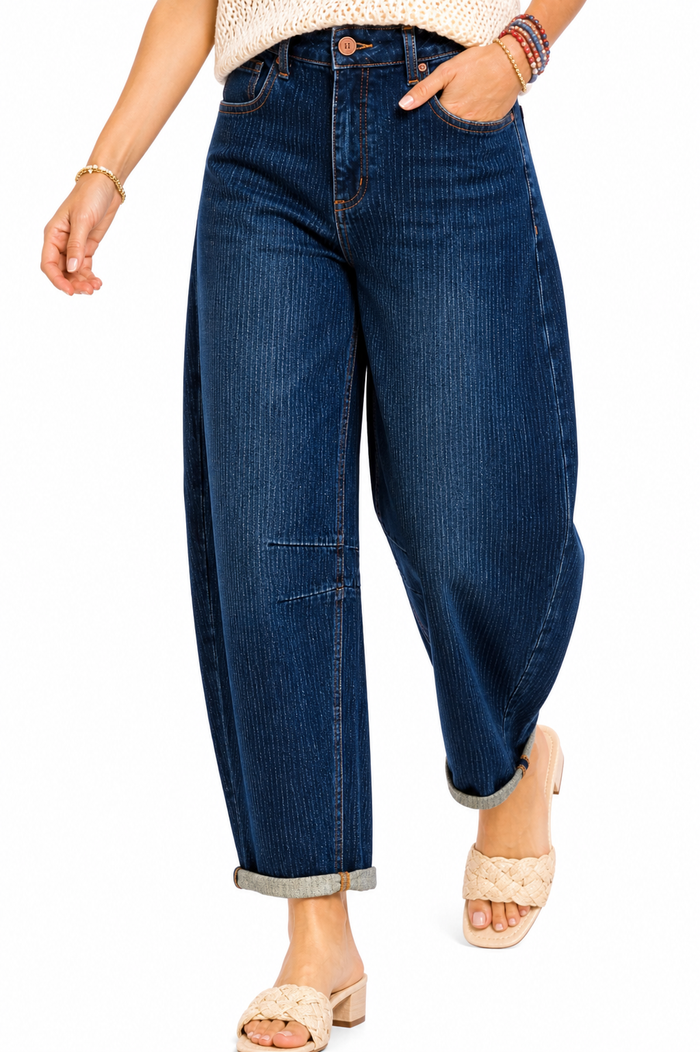 Risen Heritage Barrel Jeans – High Rise Dark Wash Pinstripe Cuffed Denim