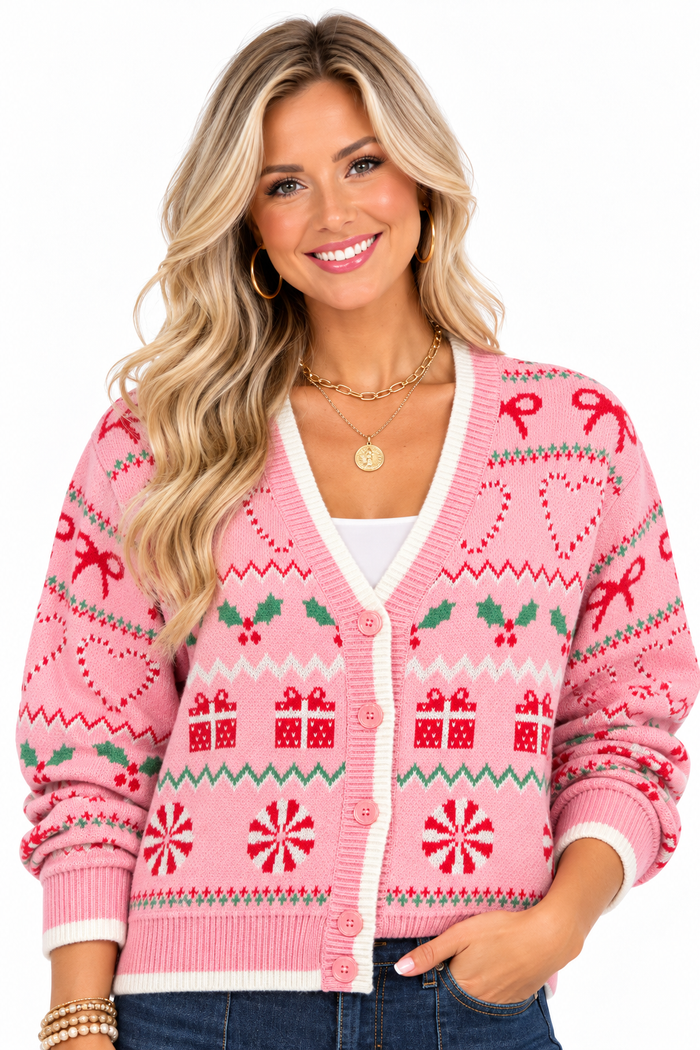 Natalie Christmas Cardigan – Pink
