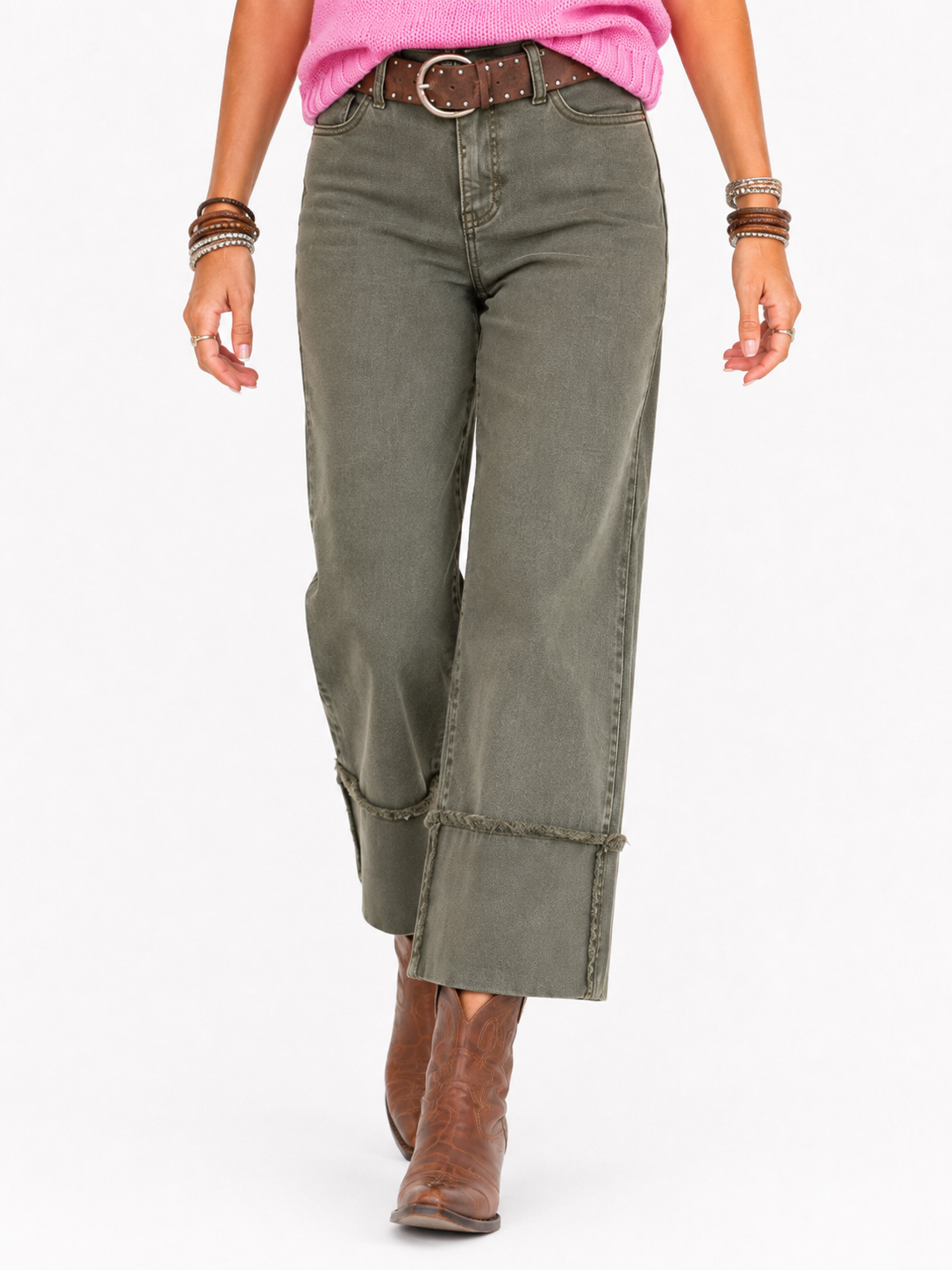 Risen Mid-Rise Burnt Olive Cuff Jeans