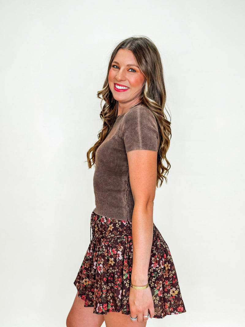 Cocoa Ribbed Cap Sleeve Tee