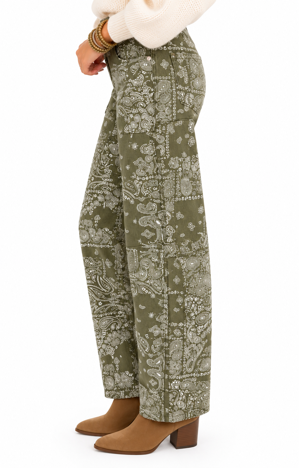 Allison Olive Green Paisley Barrel Jeans