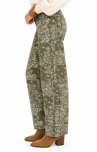 Allison Olive Green Paisley Barrel Jeans