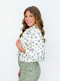 Cropped Cream Denim Jacket with Blue Floral Print