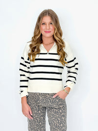 Black and Cream Striped Quarter Zip Sweater