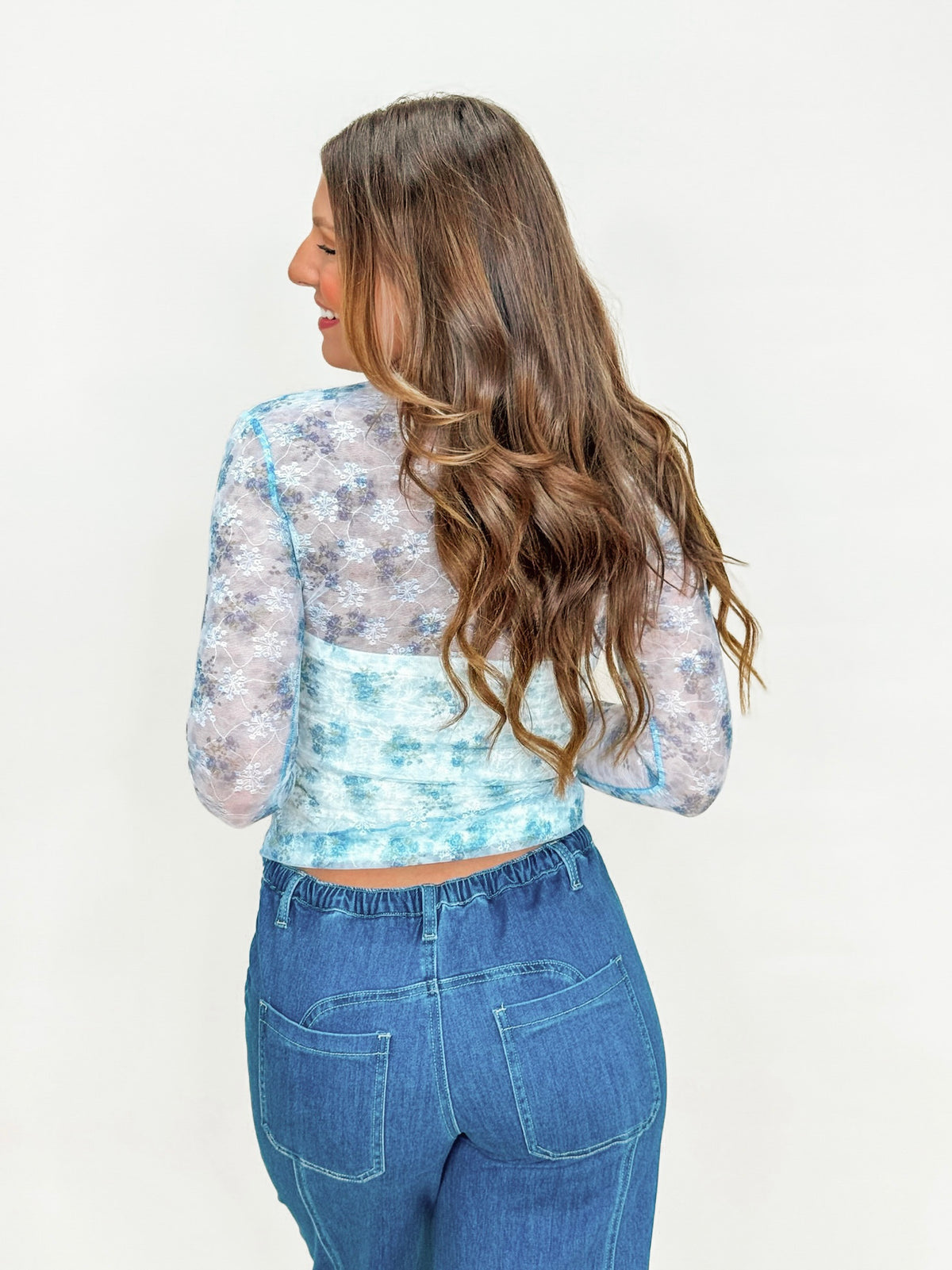 Blue Floral Mesh Long Sleeve Layered Top