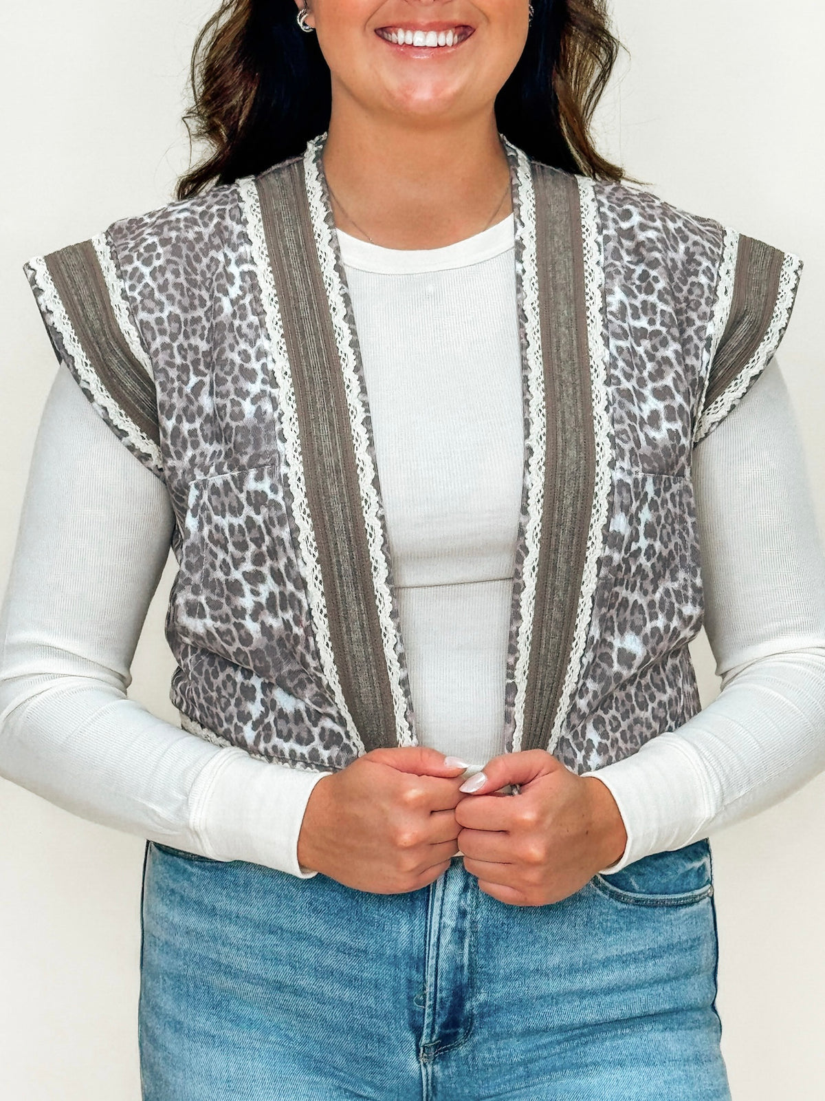 Animal Print Vest with Lace Crochet Trim