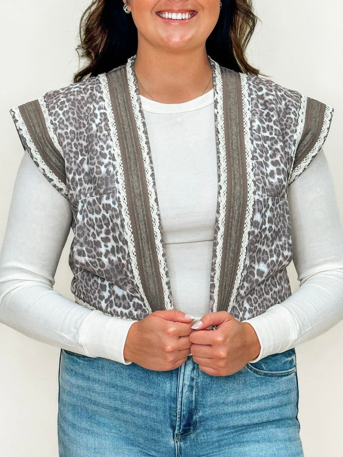 Animal Print Vest with Lace Crochet Trim