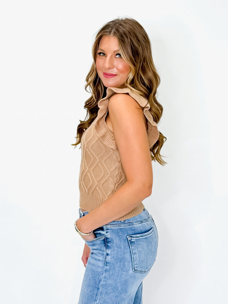 Camel Diamond Knit Ruffle Sleeve Sweater Tank