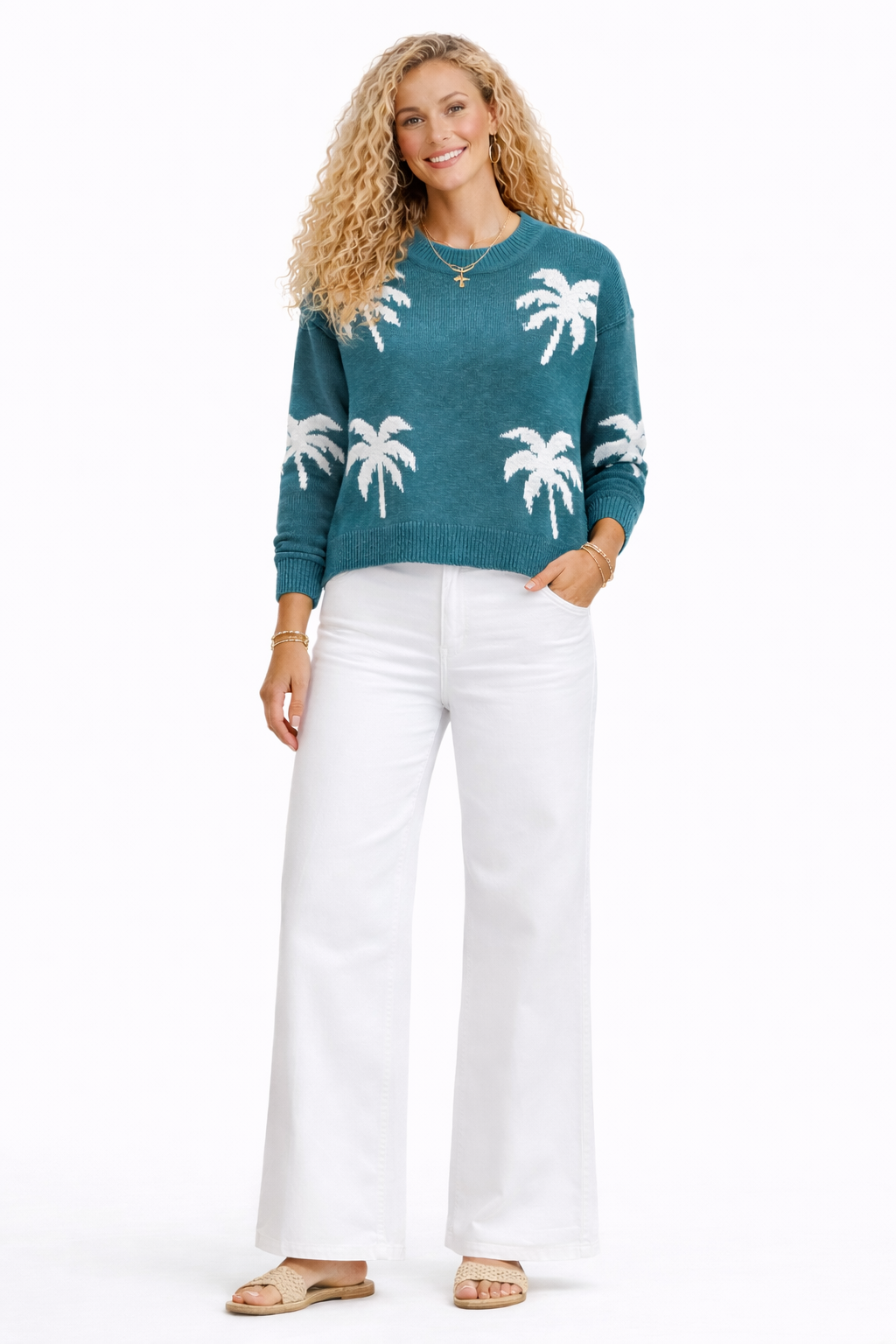 Island Time Teal Palm Tree Sweater – Coastal Knit Pullover